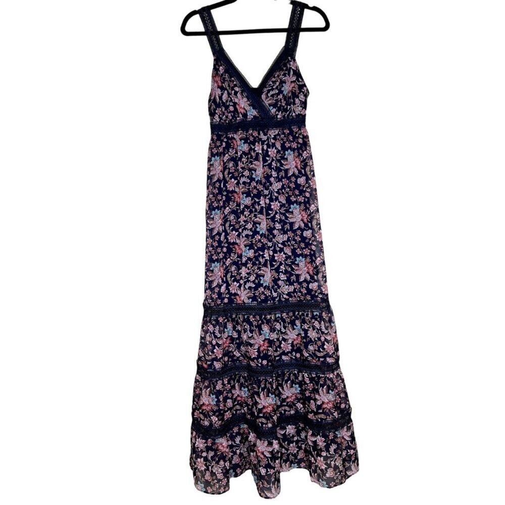 Express Floral Lace Tiered Maxi Dress Boho Navy V-Neck NWT XS Fall Cottagecore